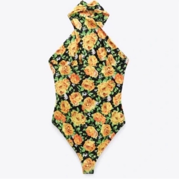 Zara 90s Roses Floral Twist Halter Bodysuit NWT Size S - Picture 2 of 6